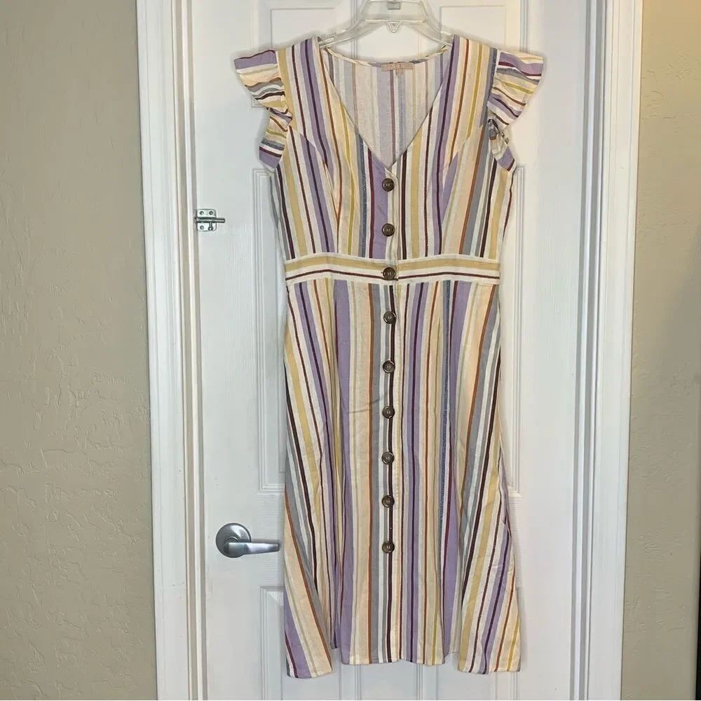 Evolutionary Linen Dress Striped Ruffle Size Large